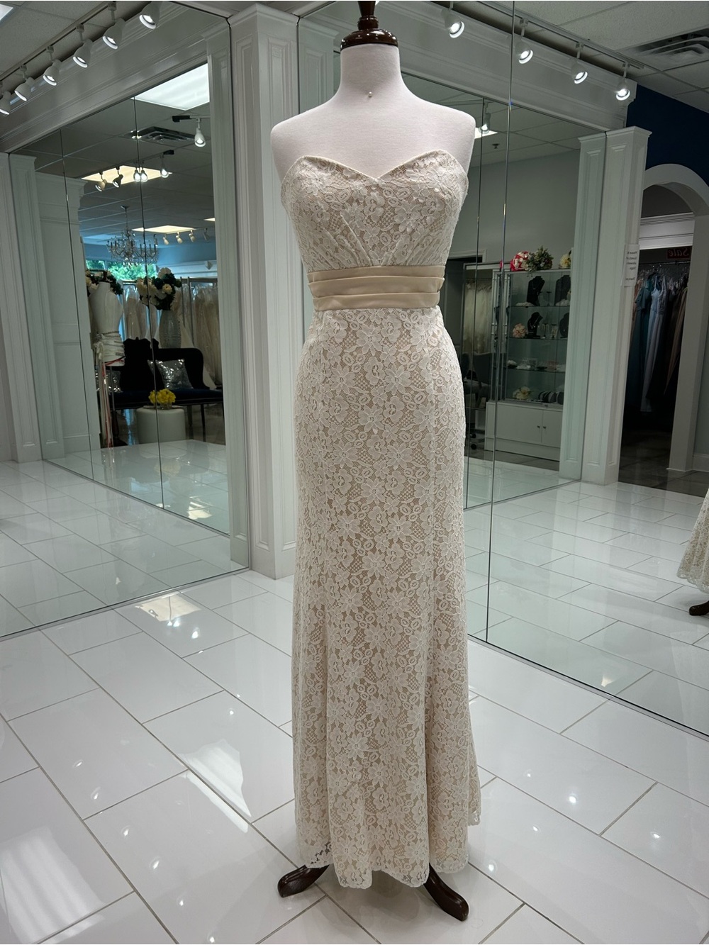 Strapless Lace Evening Gown with Satin Waistband - Champagne & Ivory